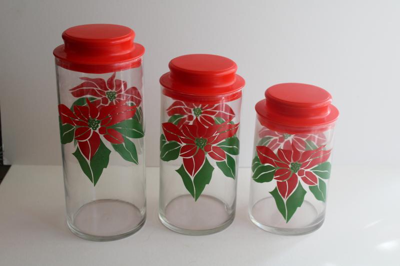 photo of vintage canister jars for cookies or holiday candy, Christmas poinsttia Indiana glass #1