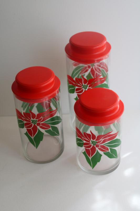 photo of vintage canister jars for cookies or holiday candy, Christmas poinsttia Indiana glass #2