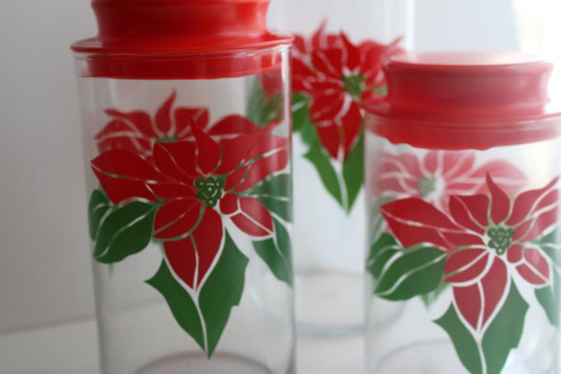 photo of vintage canister jars for cookies or holiday candy, Christmas poinsttia Indiana glass #3