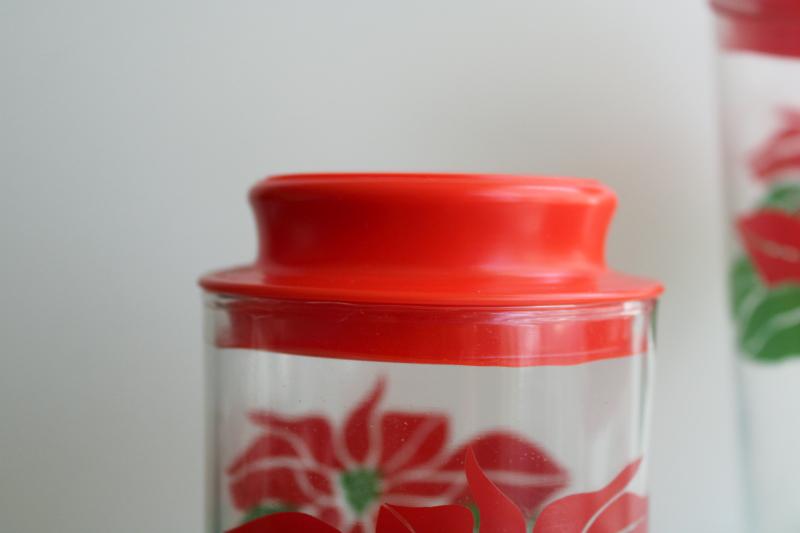 photo of vintage canister jars for cookies or holiday candy, Christmas poinsttia Indiana glass #4