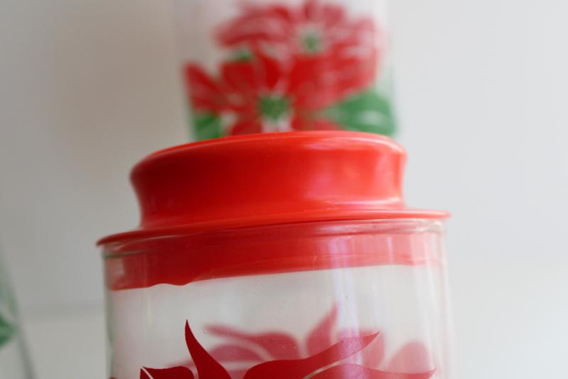 photo of vintage canister jars for cookies or holiday candy, Christmas poinsttia Indiana glass #5