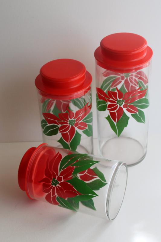 photo of vintage canister jars for cookies or holiday candy, Christmas poinsttia Indiana glass #7