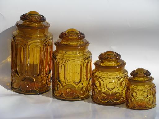 photo of vintage canister jars set, moon and stars pattern amber glass canisters #1