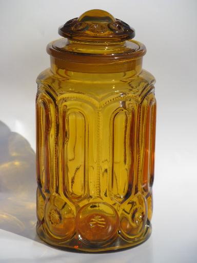 photo of vintage canister jars set, moon and stars pattern amber glass canisters #2