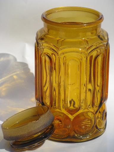 photo of vintage canister jars set, moon and stars pattern amber glass canisters #3