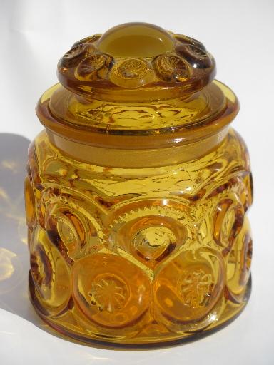 photo of vintage canister jars set, moon and stars pattern amber glass canisters #6