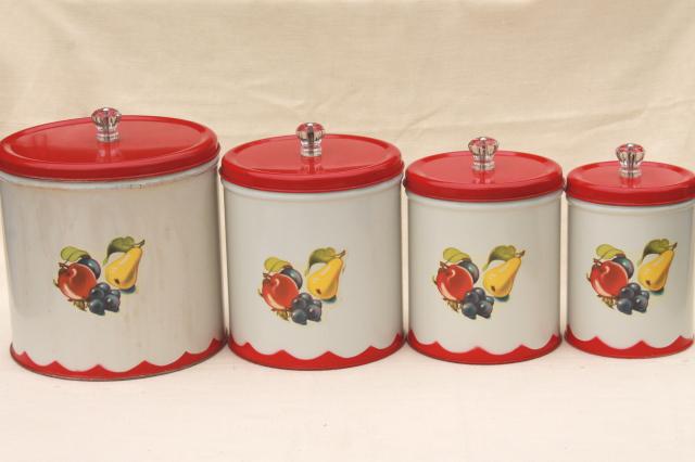 photo of vintage canister set tins w/ 1950s retro fruit print, kitchen counter canisters #3