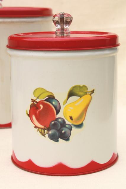 photo of vintage canister set tins w/ 1950s retro fruit print, kitchen counter canisters #5