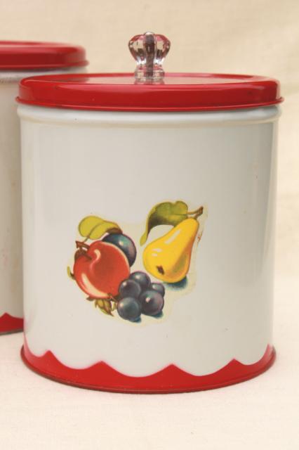 photo of vintage canister set tins w/ 1950s retro fruit print, kitchen counter canisters #7