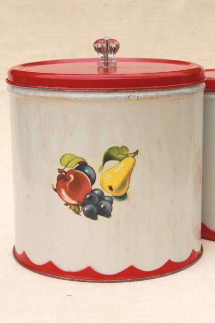 photo of vintage canister set tins w/ 1950s retro fruit print, kitchen counter canisters #8