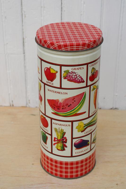 photo of vintage canister tin for spaghetti or pasta, 70s kitchen print plaid w/ vegetables #2