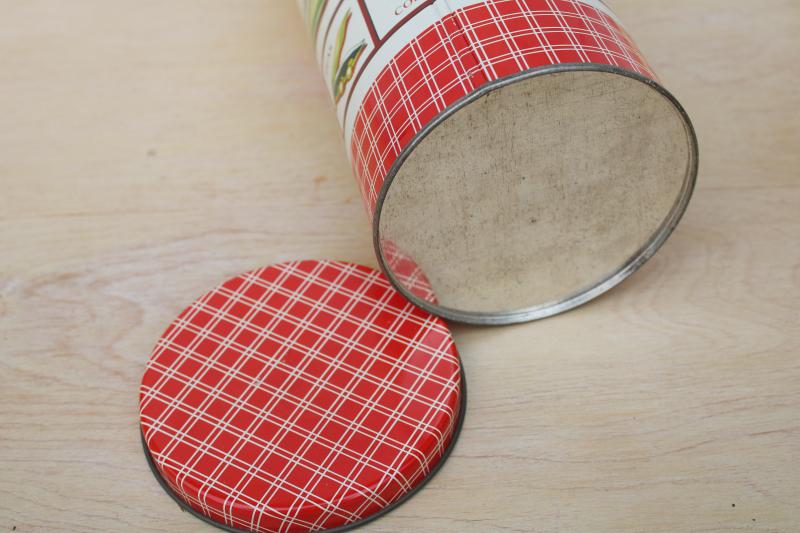 photo of vintage canister tin for spaghetti or pasta, 70s kitchen print plaid w/ vegetables #5