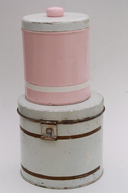 photo of vintage canister tins, shabby chic pink, white, gold rustic farmhouse storage canisters #1