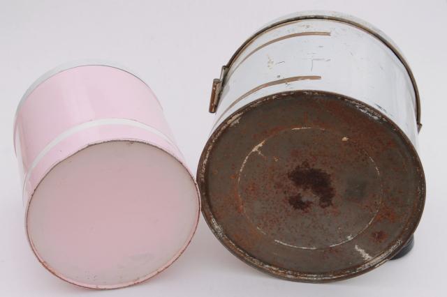 photo of vintage canister tins, shabby chic pink, white, gold rustic farmhouse storage canisters #2