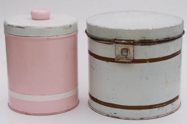 photo of vintage canister tins, shabby chic pink, white, gold rustic farmhouse storage canisters #3