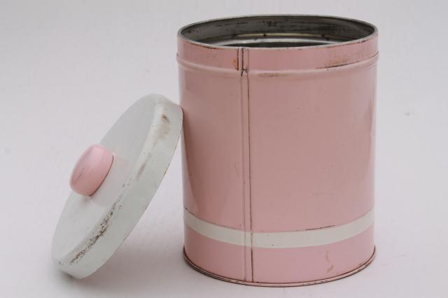 photo of vintage canister tins, shabby chic pink, white, gold rustic farmhouse storage canisters #5