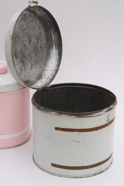 photo of vintage canister tins, shabby chic pink, white, gold rustic farmhouse storage canisters #8