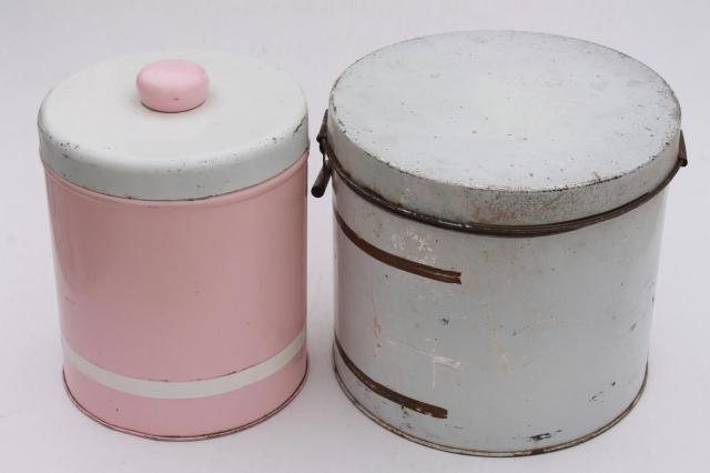 photo of vintage canister tins, shabby chic pink, white, gold rustic farmhouse storage canisters #10