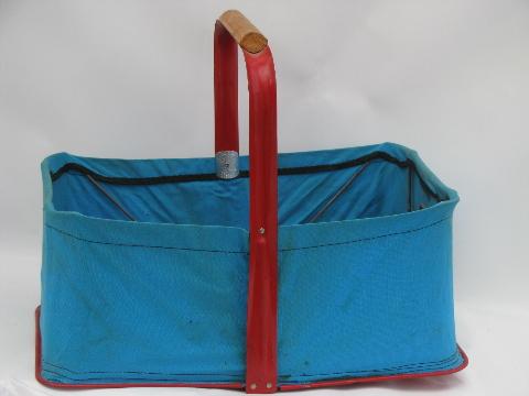 photo of vintage canvas folding shopping basket, farmer's market / picnic tote #1