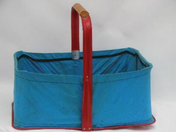 catalog photo of vintage canvas folding shopping basket, farmer's market / picnic tote
