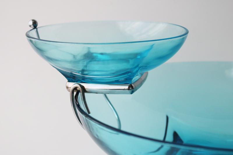 photo of vintage capri blue Hazel Atlas glass chip n dip set, mod square base bowls w/ chrome rack #3