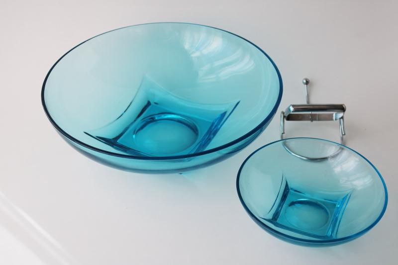 photo of vintage capri blue Hazel Atlas glass chip n dip set, mod square base bowls w/ chrome rack #7