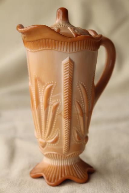 photo of vintage caramel brown slag glass pitcher w/ lid, Fenton cactus pattern reproduction #1