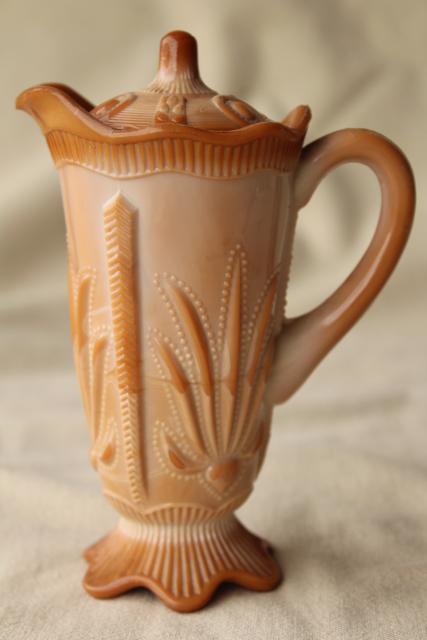 photo of vintage caramel brown slag glass pitcher w/ lid, Fenton cactus pattern reproduction #2