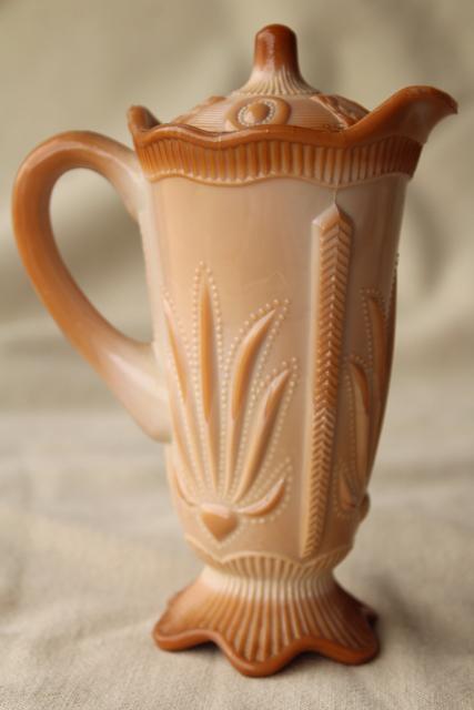 photo of vintage caramel brown slag glass pitcher w/ lid, Fenton cactus pattern reproduction #4