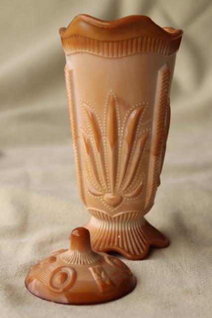 photo of vintage caramel brown slag glass pitcher w/ lid, Fenton cactus pattern reproduction #5