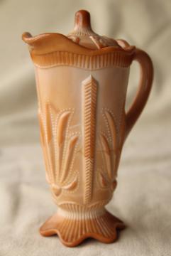 catalog photo of vintage caramel brown slag glass pitcher w/ lid, Fenton cactus pattern reproduction