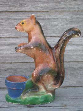 catalog photo of vintage carnival chalkware, old painted plaster chipmunk w/flower pot