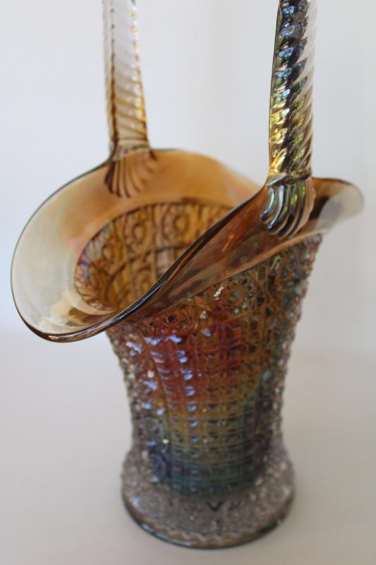 photo of vintage carnival glass basket, Imperial hobstar and waffle block w/ iridescent shaded color #3