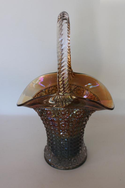 photo of vintage carnival glass basket, Imperial hobstar and waffle block w/ iridescent shaded color #6