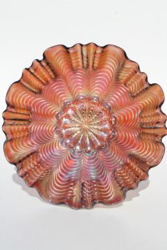 catalog photo of vintage carnival glass bowl, Fenton peacock tail drape pattern, violet iridescent glass