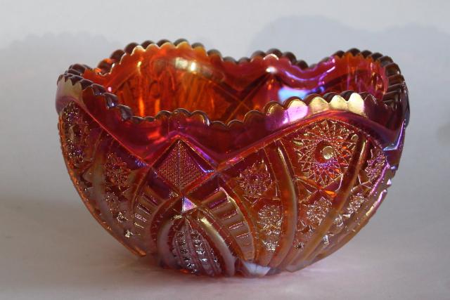 photo of vintage carnival glass bowl, marigold orange luster heirloom or heritage sunburs #7