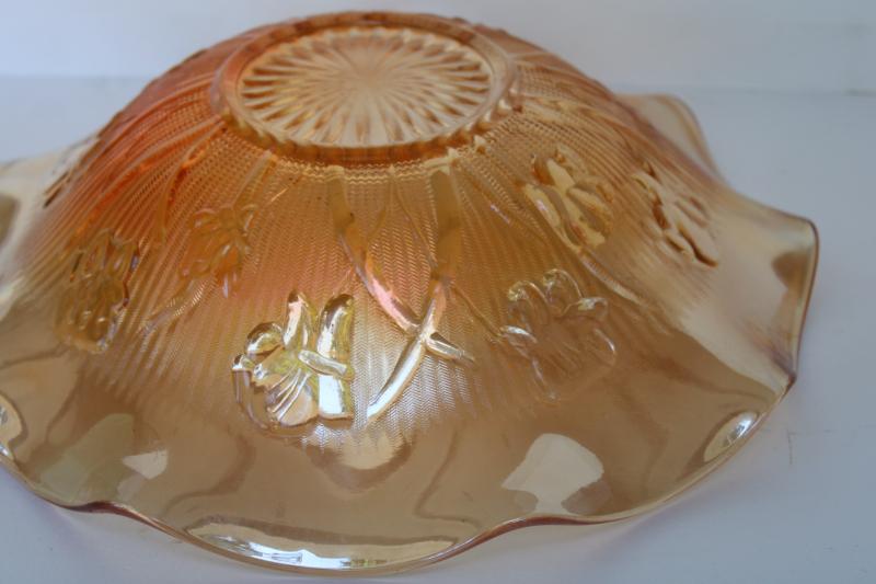 photo of vintage carnival glass bowls, marigold iridescent Jeannette iris and herringbone floragold #5