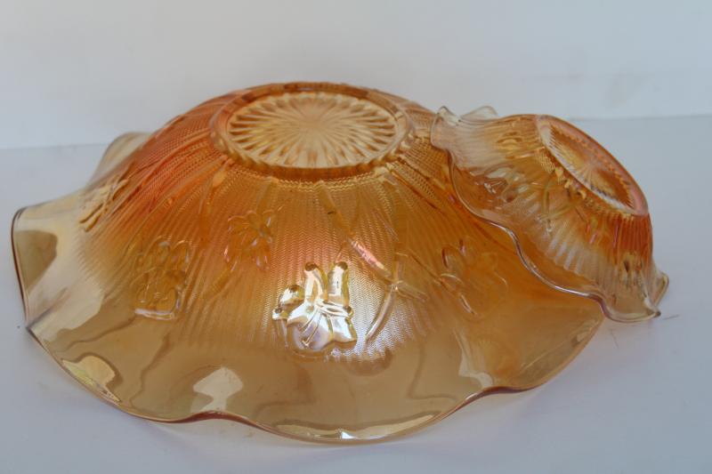 photo of vintage carnival glass bowls, marigold iridescent Jeannette iris and herringbone floragold #6