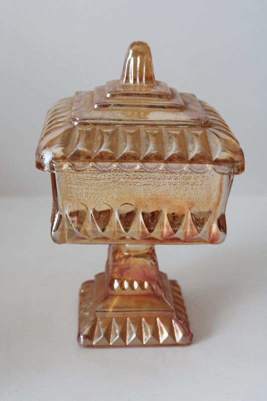 photo of vintage carnival glass candy dish, Jeannette glass wedding box marigold iridescent luster  #1