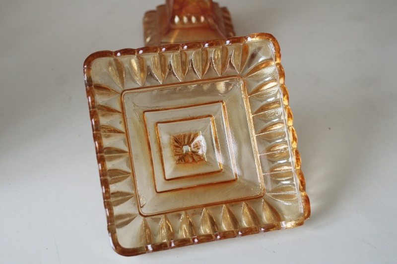 photo of vintage carnival glass candy dish, Jeannette glass wedding box marigold iridescent luster  #2