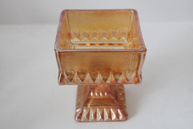 photo of vintage carnival glass candy dish, Jeannette glass wedding box marigold iridescent luster  #4