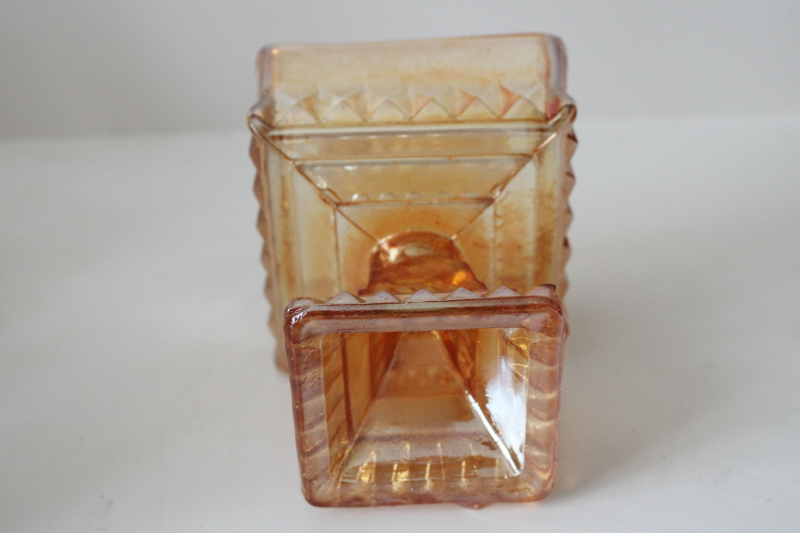 photo of vintage carnival glass candy dish, Jeannette glass wedding box marigold iridescent luster  #5