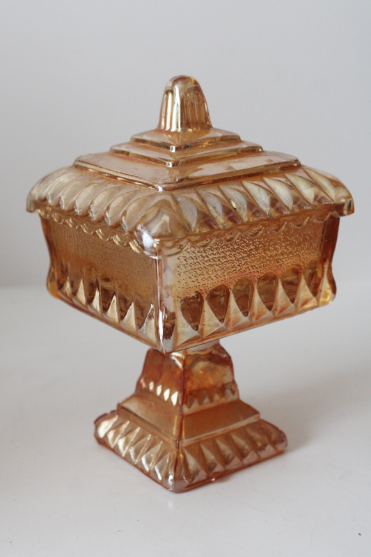photo of vintage carnival glass candy dish, Jeannette glass wedding box marigold iridescent luster  #6