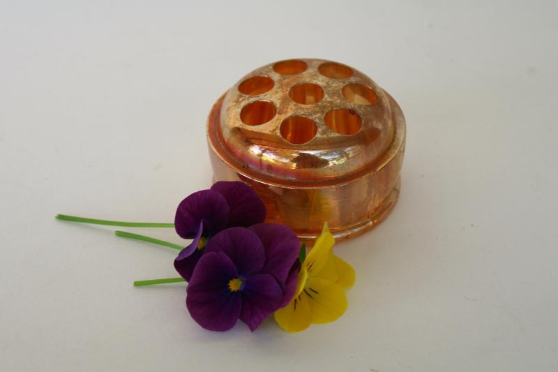 photo of vintage carnival glass flower frog, marigold orange iridescent luster glass flower holder #1