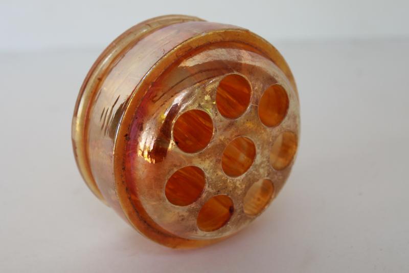 photo of vintage carnival glass flower frog, marigold orange iridescent luster glass flower holder #4