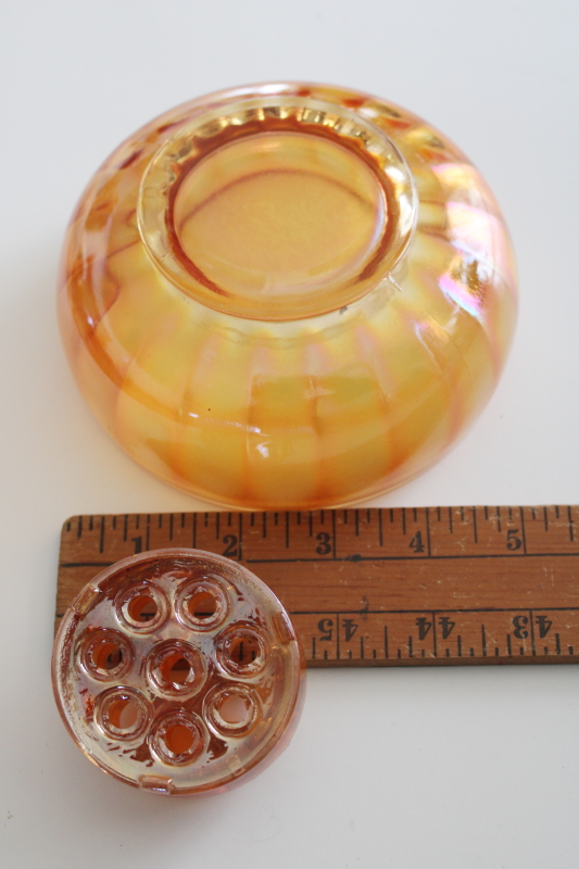 photo of vintage carnival glass flower frog & rose bowl vase, marigold orange luster #5