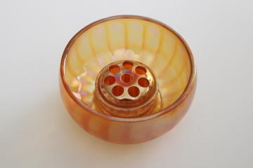 catalog photo of vintage carnival glass flower frog & rose bowl vase, marigold orange luster