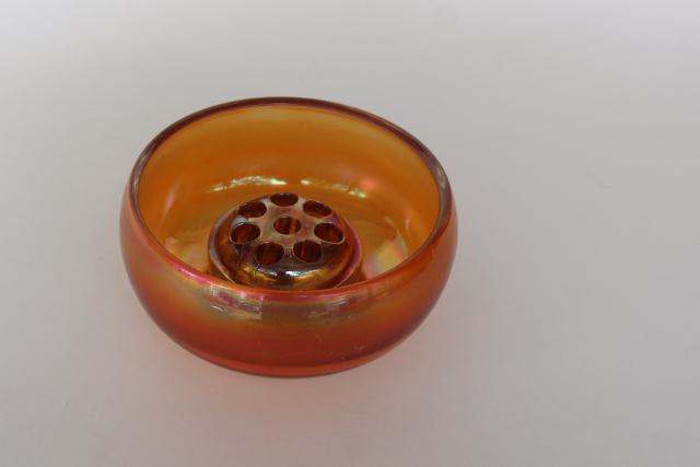 photo of vintage carnival glass flower frog & rose bowl vase, marigold orange luster fall color #1