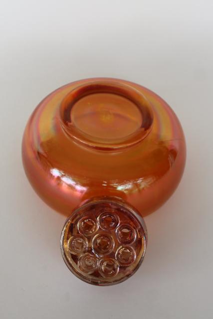 photo of vintage carnival glass flower frog & rose bowl vase, marigold orange luster fall color #4