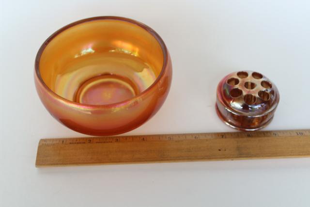 photo of vintage carnival glass flower frog & rose bowl vase, marigold orange luster fall color #5